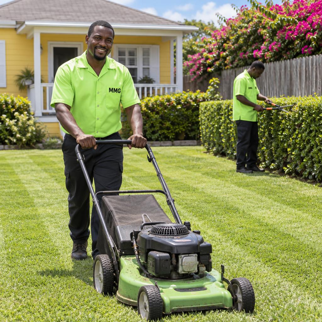An MMG gardener in a fluorescent green shirt with black MMG letters on the chest pocket, smiling as he pushes a light green lawn mower across a manicured lawn, while a second worker in the same uniform clips the hedges behind him
