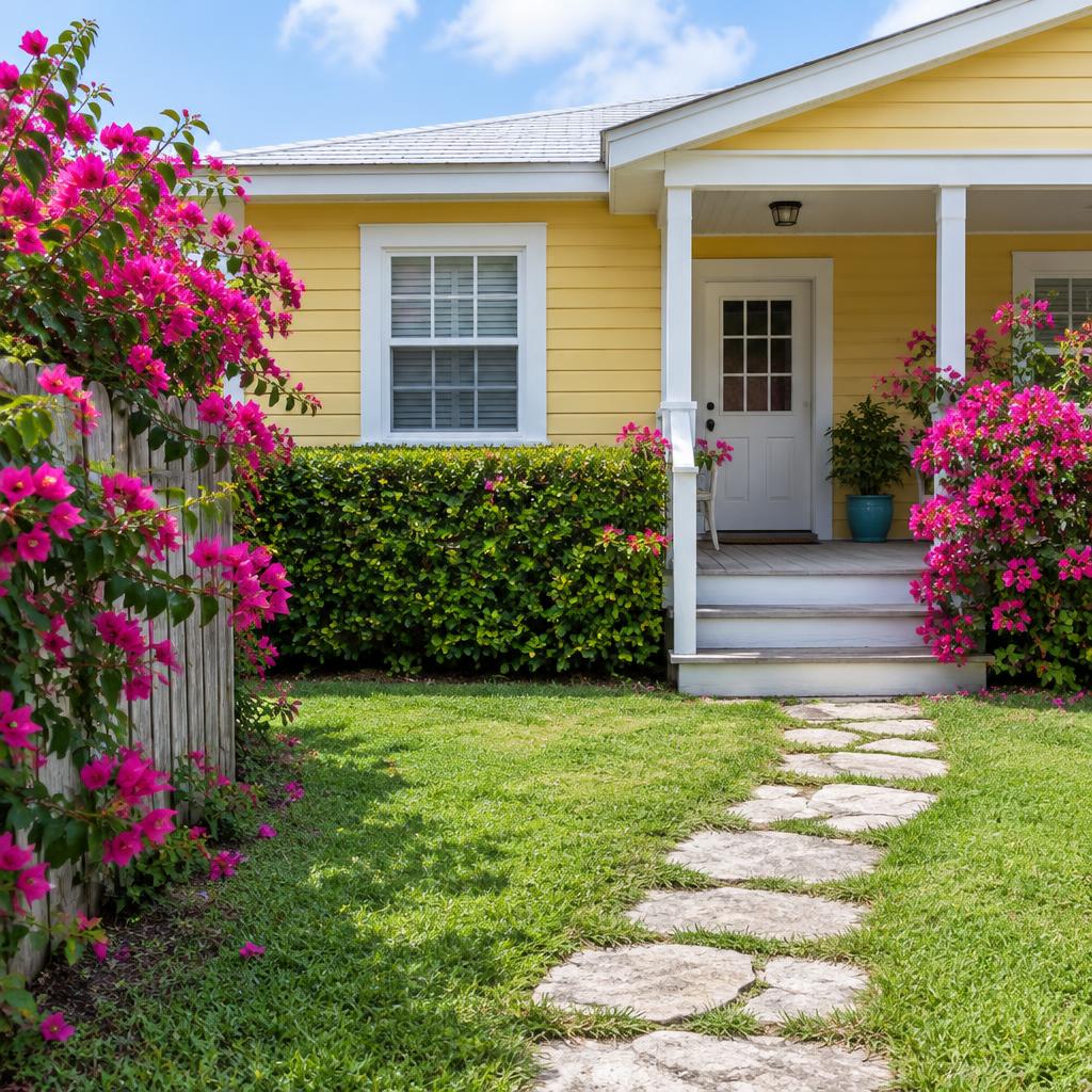 Front garden of a simple yellow one-storey home with white trim: a stone path across a manicured lawn, clipped hedges, and pink flowering shrubs along a weathered wooden fence